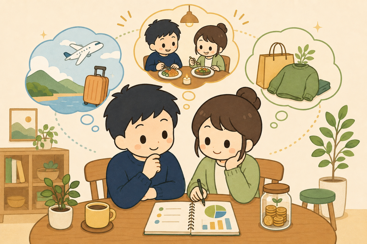 貯蓄を続けながら旅行・外食・買い物を楽しむ夫婦のイラスト