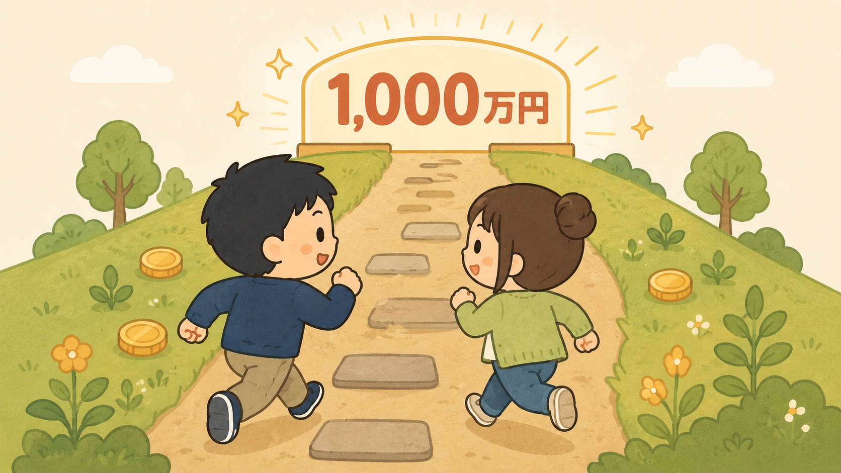 1,000万円を目指して坂道を走る夫婦のイラスト