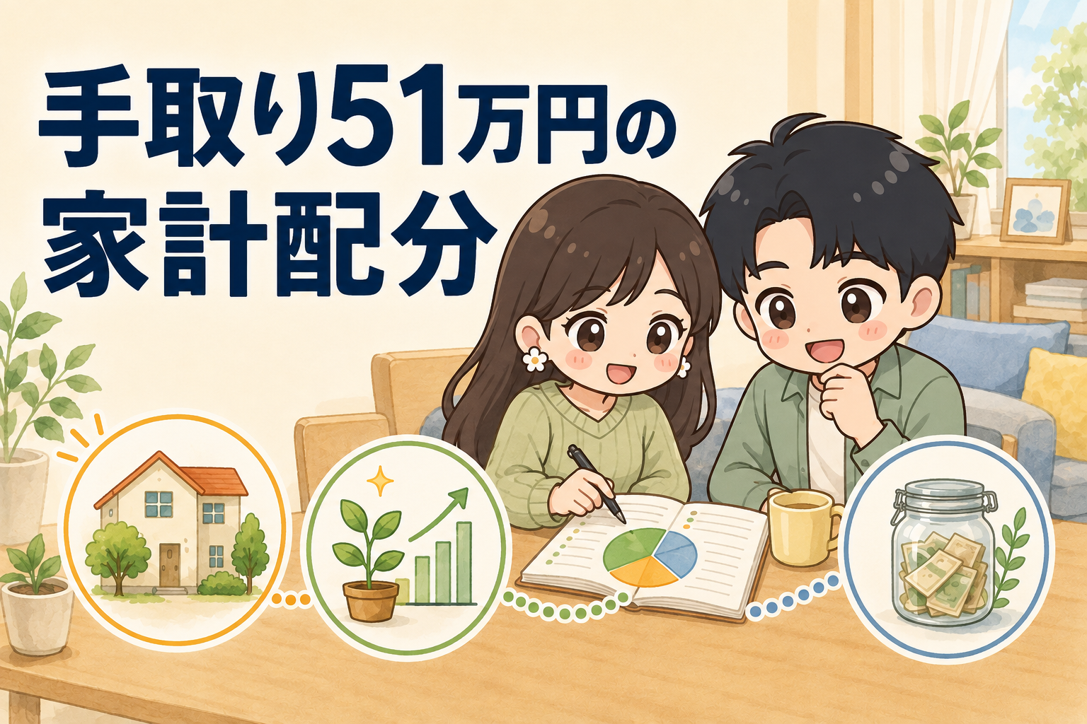 手取り51万円の家計配分を考える共働き夫婦のイラスト