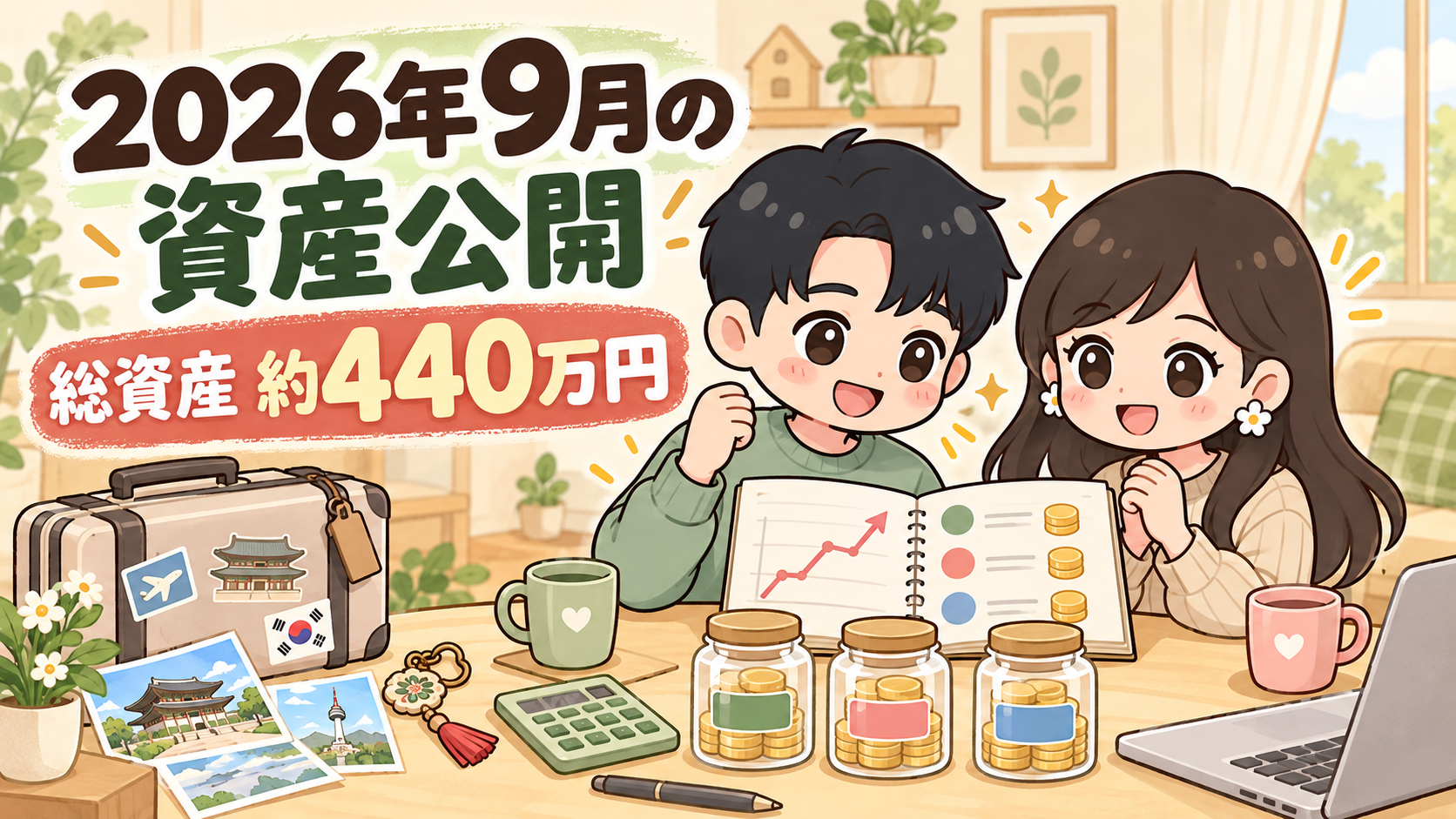韓国旅行後の資産を確認する共働き夫婦。2026年9月の総資産は約440万円