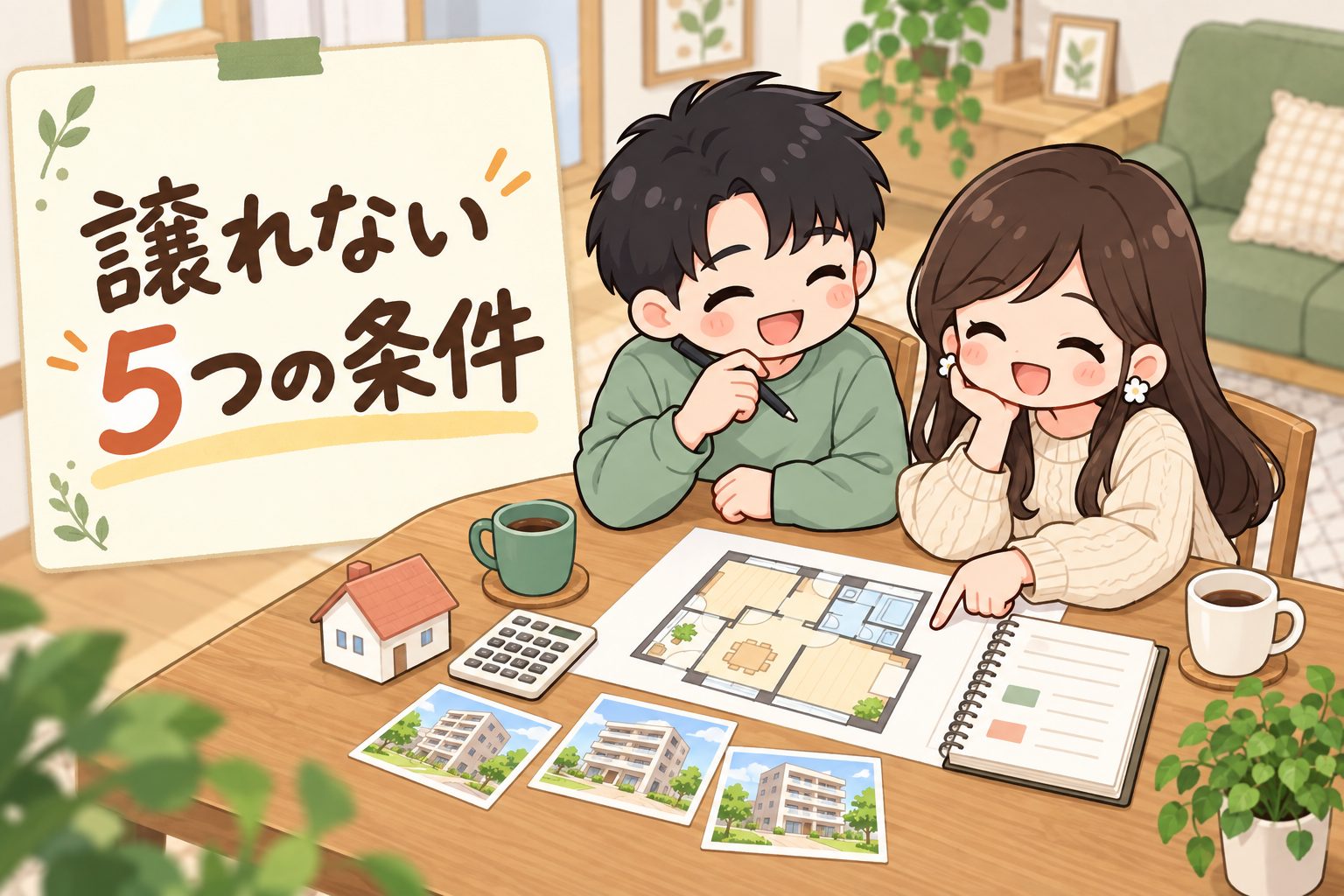 中古マンションの譲れない5つの条件を夫婦で整理するイメージ