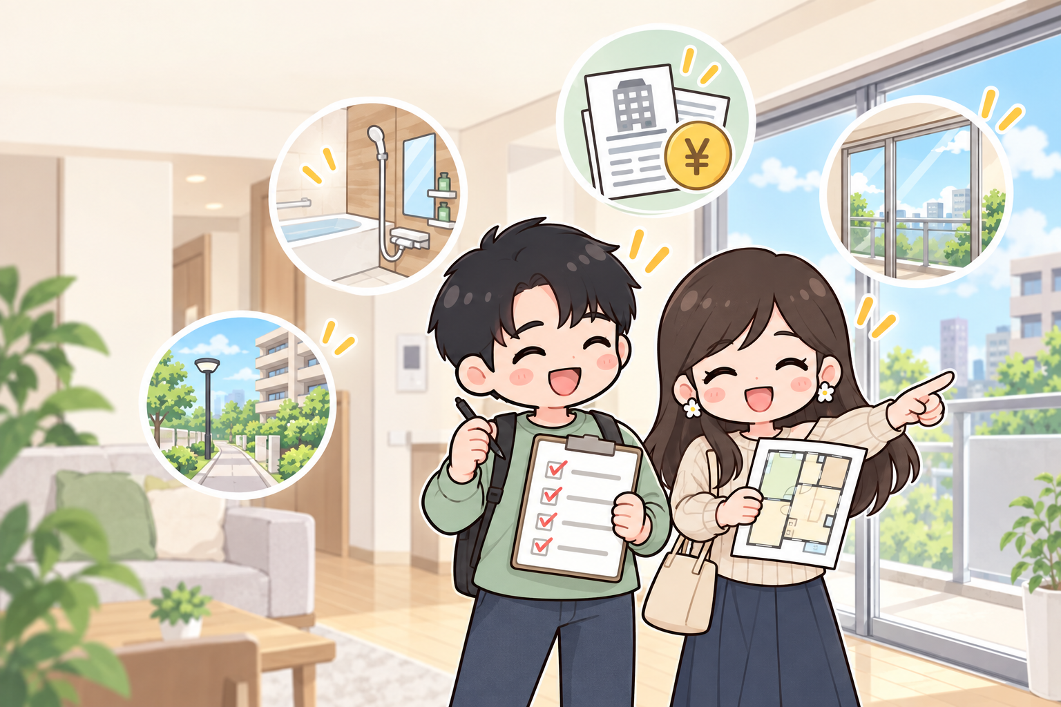 中古マンションの内見で確認したい7つのポイントをチェックする夫婦