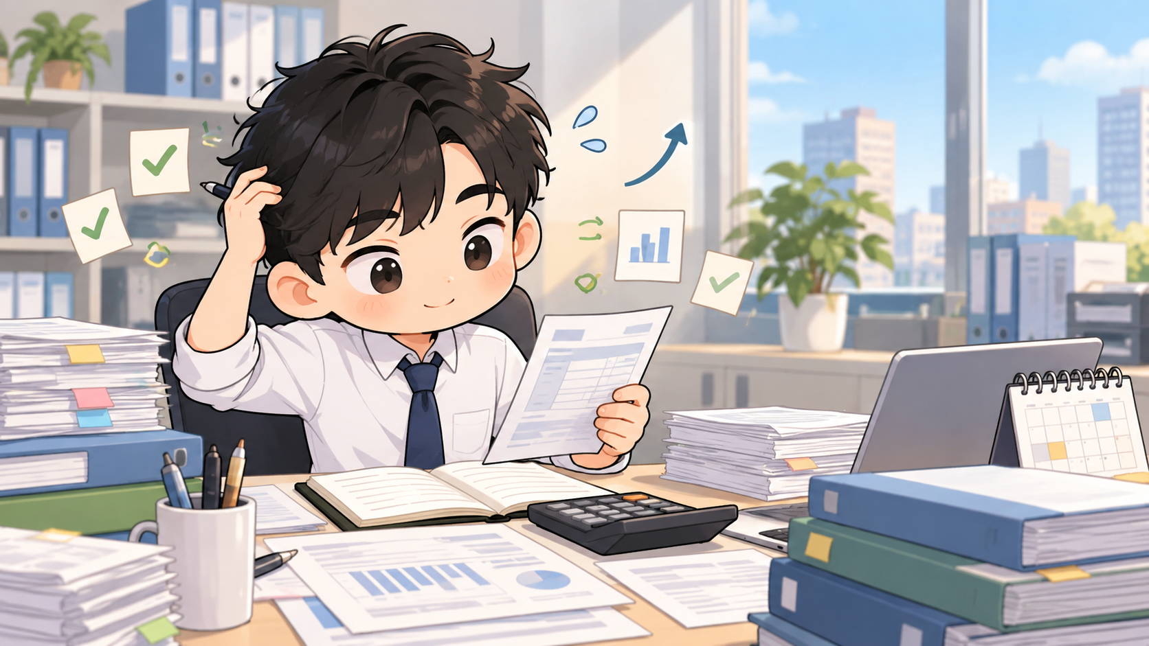 請求書や資料を確認しながら、忙しく経理業務に取り組む男性