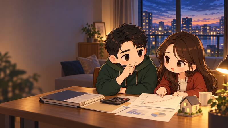夜の部屋で住宅ローンの条件と金利を確認する夫婦のイラスト