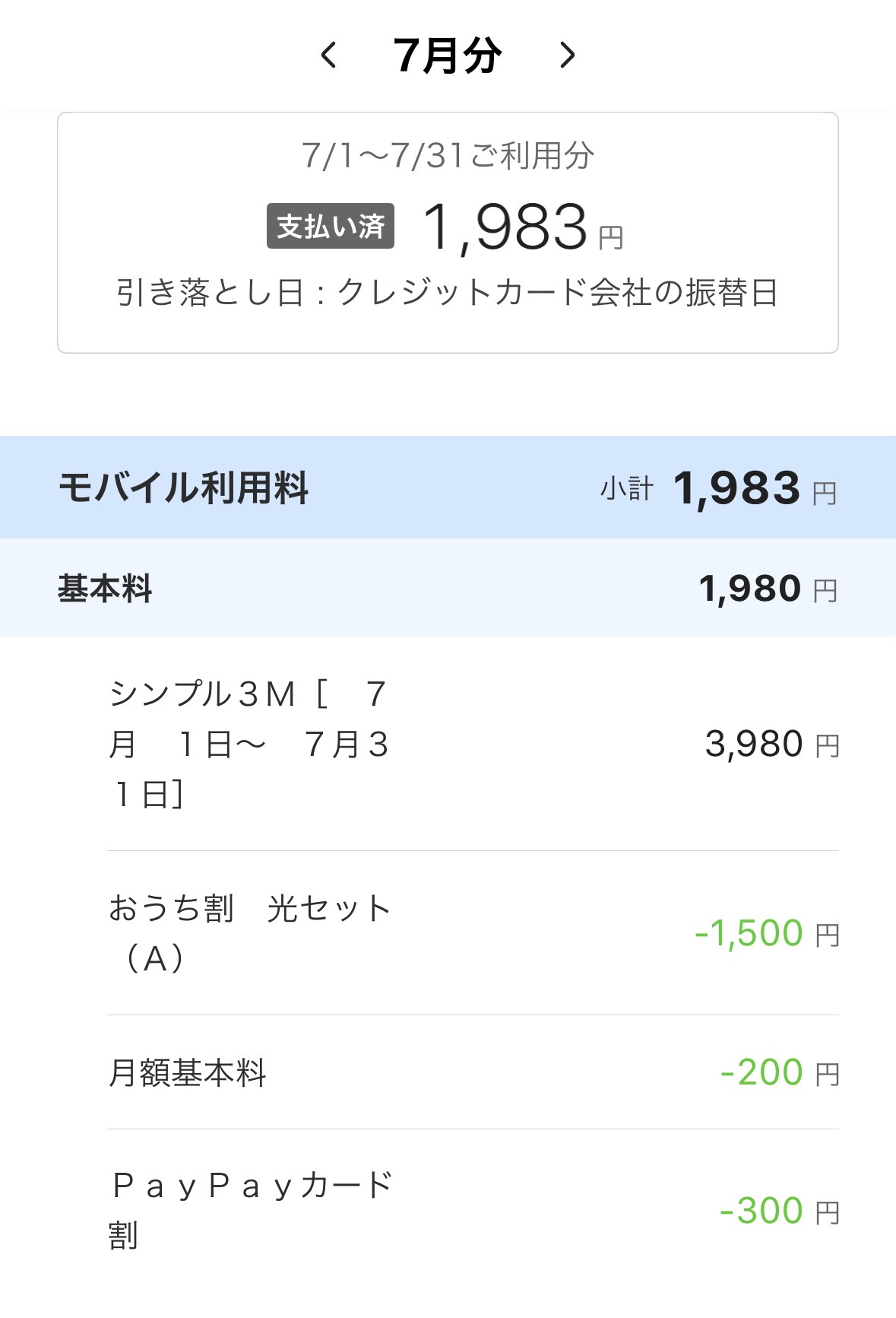 Y!mobileの7月分請求額1,983円。おうち割 光セット(A)1,500円が適用された明細