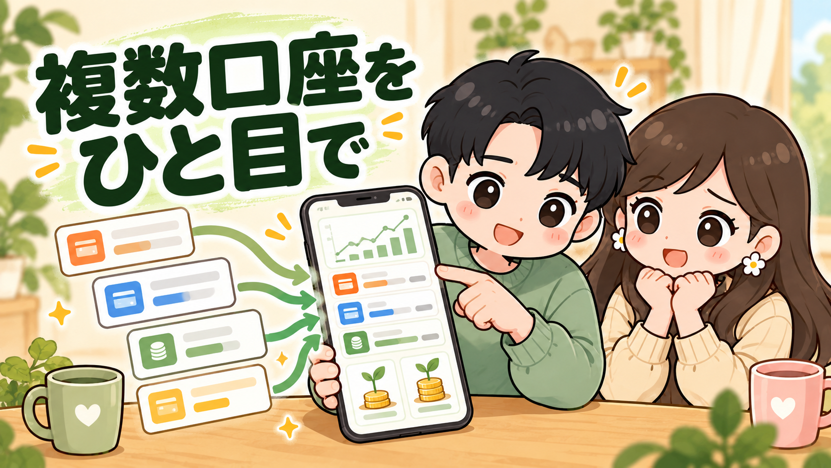 複数の銀行口座とNISAを一つの画面で確認する夫婦のイラスト